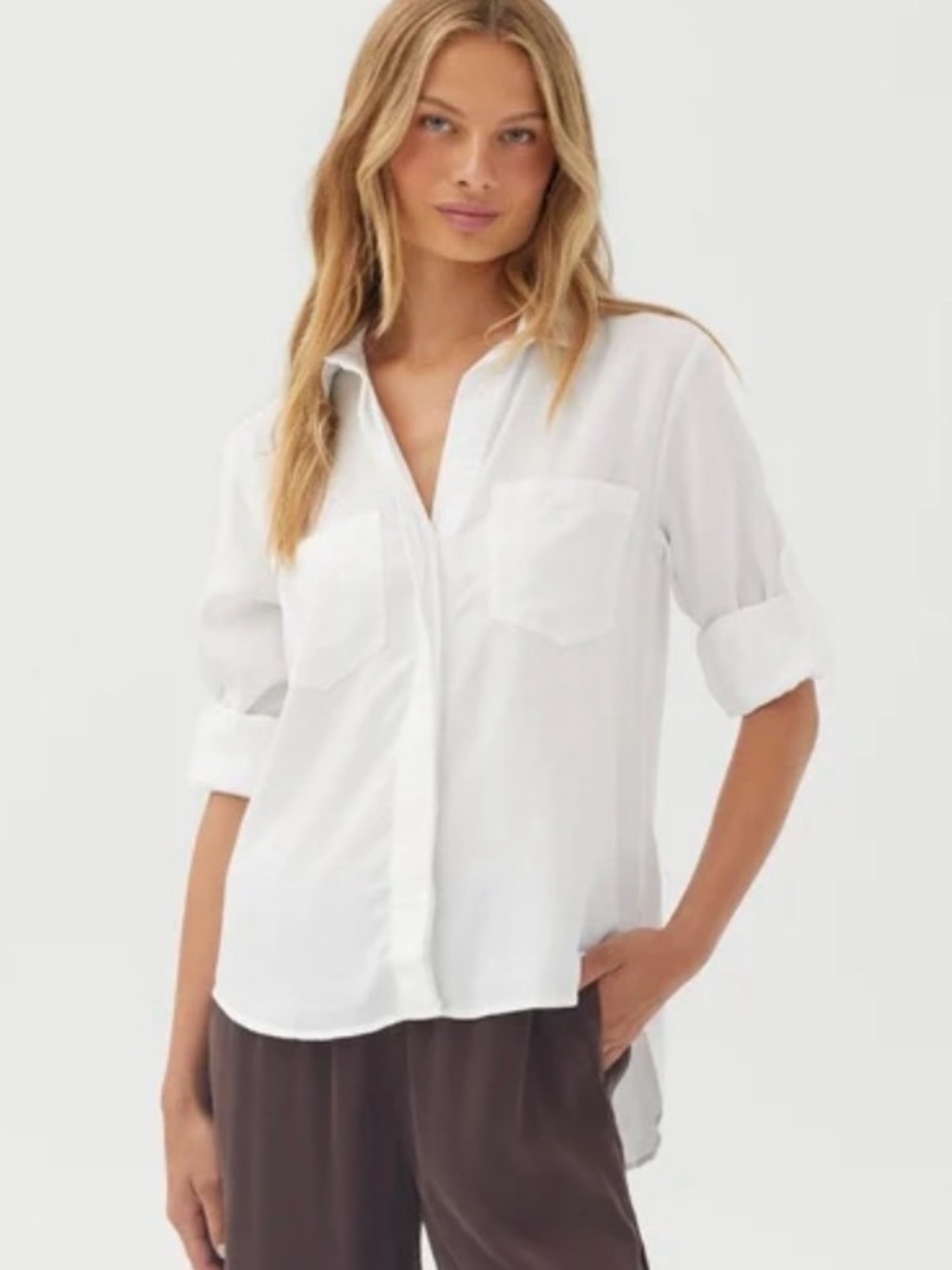 Bella Dahl Split Back Button Down Shirt White Roll Tab Sleeve Lagenlook $136 L